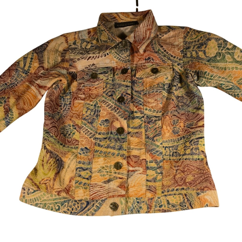Alexis & Avery Womens Paisley Tapestry Jacket Orange Tan Blue Multi Color Small